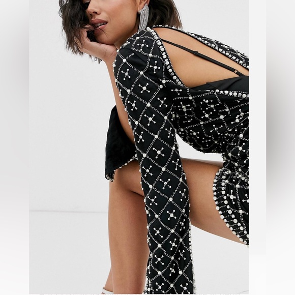 ASOS DESIGN black mini dress with long sleeve in pearl & beaded embellishment - Picture 3 of 6